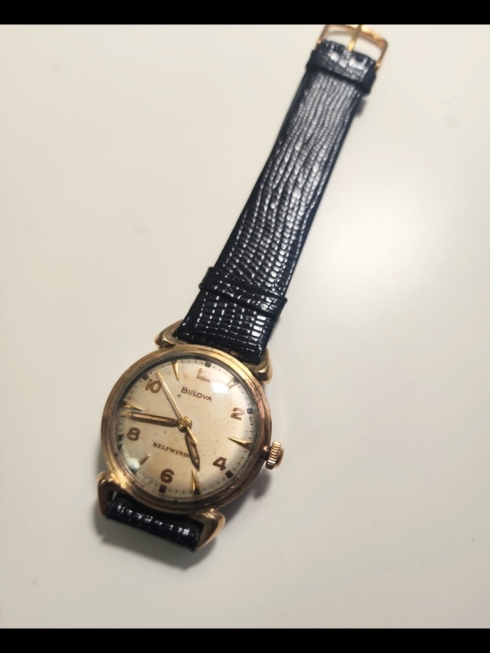 Bulova Gold Tone Vintage Watch with Black Lizard Strap